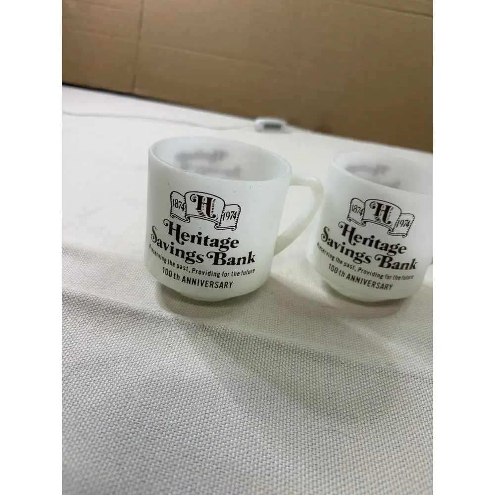 VTG. Federal Milk Glass Mugs Set Of 2 Heritage Savings Bank 1974 Heat Proof USA
